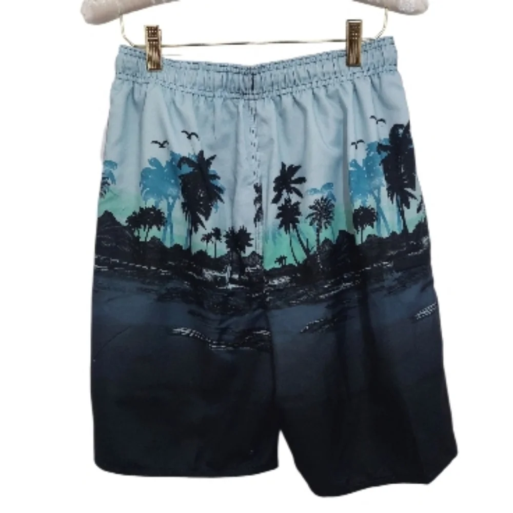 Burnside Boys Size Small Swim Trunks Shorts Grey Palm Trees Surf Boards Ocean
